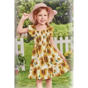 EttaVee Girls Smocked Floral Short Puff Sleeve Dress Yellow Sunflowers Size 4